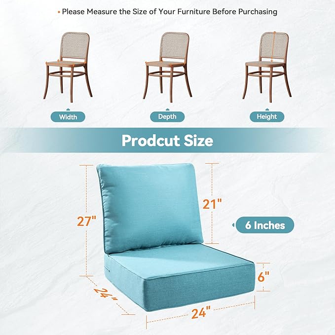 Luxury 6" Outdoor Cushions for Patio Furniture, 24x24x6 Thick Seat Cushion Set of 4, Fade Resistant Couch Chair Replacement Cushions High Density Deep Wicker Chair Cushion w/Removable Cover, Teal