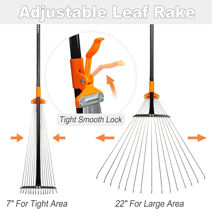 Leaf Rake for Lawns, Adjustable Garden Rake for Leaves with Long Handle, 61 Inches