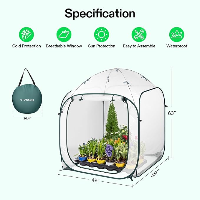 VIVOSUN 49x49x63-Inch Portable Walk-in Greenhouse, with PVC Cover & Detachable Base, Instant Pop-up and Folding, Mini Greenhouse with Roll-Up Door & Mesh Window for Indoor Outdoor, Wind Ropes Included