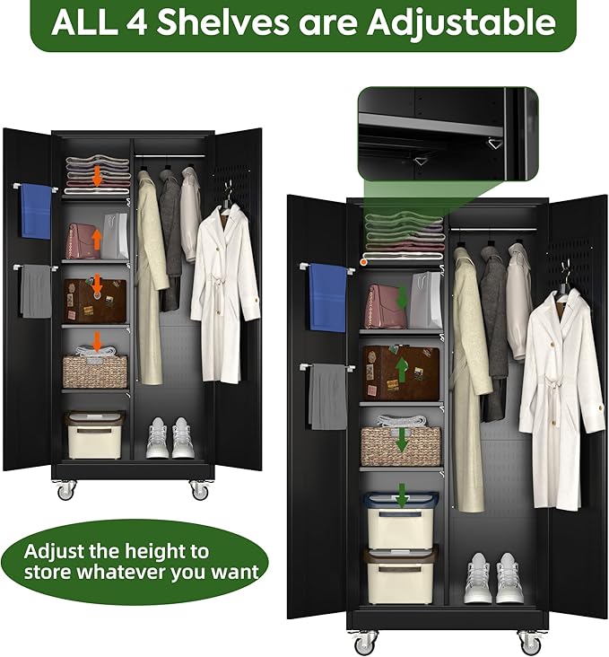 Broom Closet Storage Cabinet with Wheels and Pegboard,Metal Garage Storage Cabinet with Doors and Adjustable Shelves for Garage Home,Required Assembly,Black