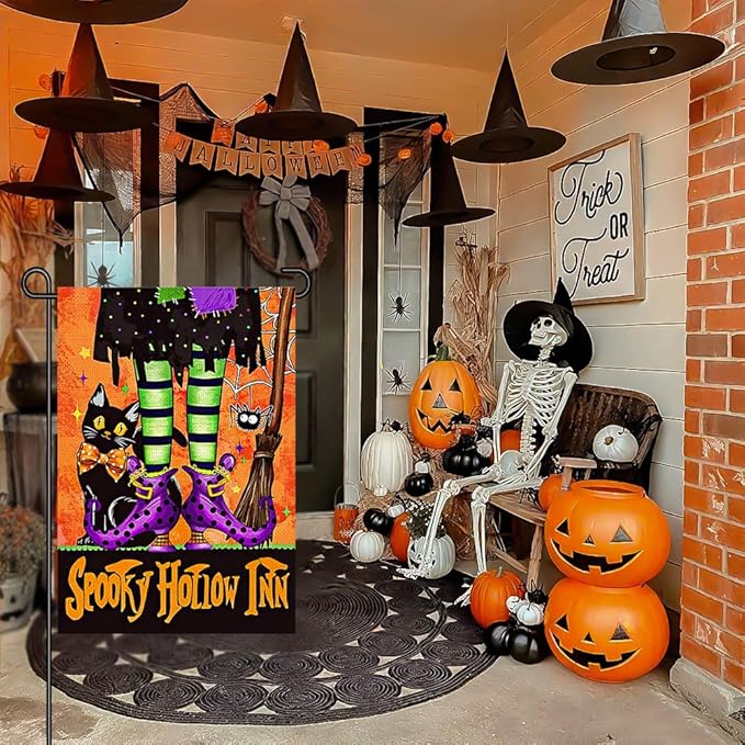 Halloween Black Cat Garden Flags for Outside 12x18 Inch Double Sided Burlap, Spooky Hollow Inn Welcome Sign Small Flag Farmhouse Holiday Yard Lawn Outdoor Decorations DF874