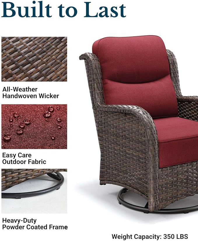 HILLGA Luxury Patio Furniture Set with 6-Inch Thick Cushions, High Back Outdoor Swivel Rocker Chairs and Table, 3-Piece All Weather Conversation Set for Porch Deck Balcony Yard, Burgundy (V3)