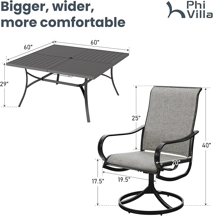 PHI VILLA 9 Pcs Patio Dining Set with Large Square Metal Dining Table & 8 Outdoor Textilene Fabric Swivel Dining Chairs, Outside Table Chair Furniture Dining Set for 8 Person