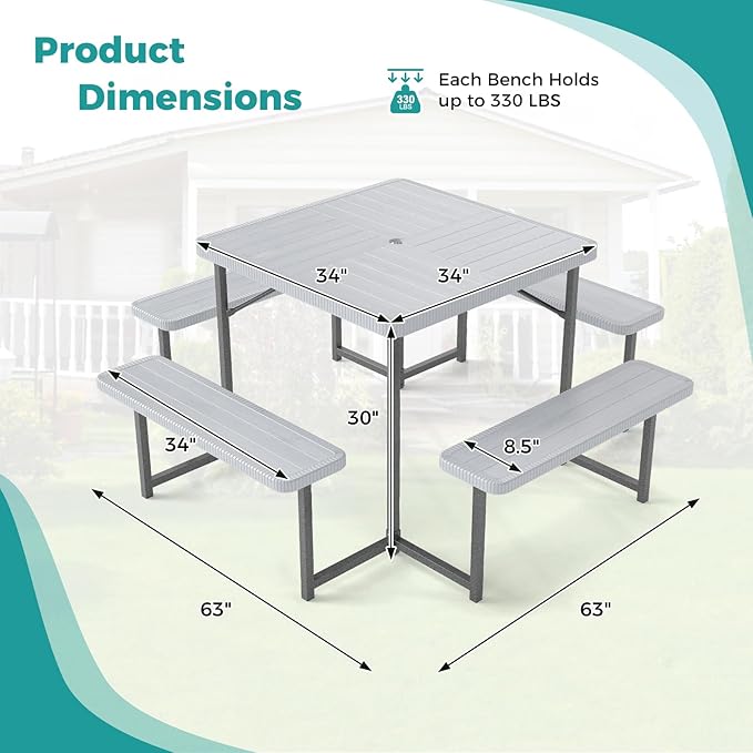 Giantex Picnic Table Bench Set for 4-8 People, 34" Outdoor Square Dining Table & 2 Benches w/Umbrella Hole, HDPE Tabletop, Metal Frame, Patio Camping Furniture for Backyard Porch Lawn (Grey,Square)