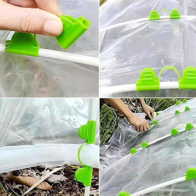 20pcs 8mm Greenhouse Clamps Garden Hoops, Plant Film Clips, Garden Shading Pipe Clips, Netting Tunnel Hoop Clips, for Season Plant Extension Support and Frame Shelter, Green, Double Head