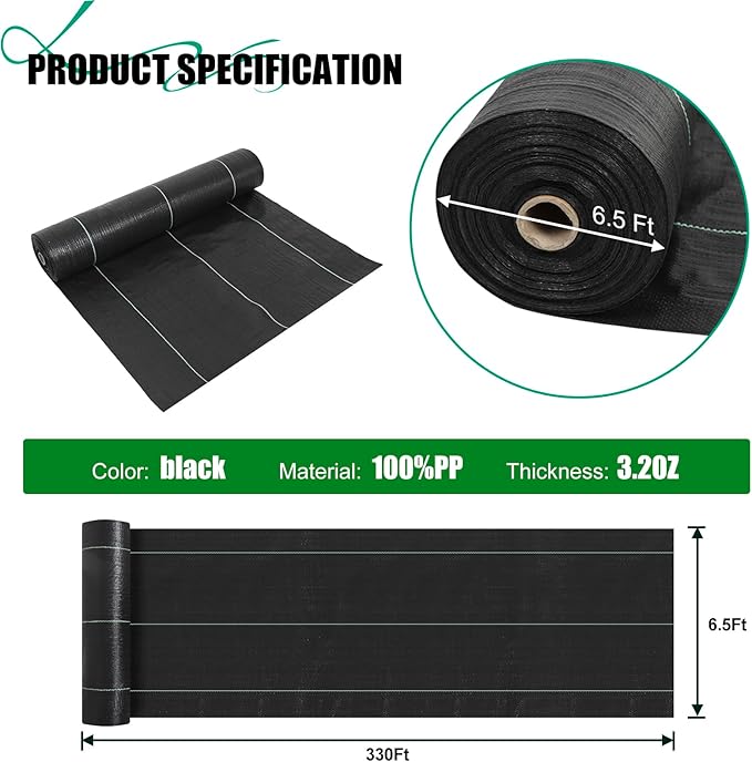 6.5ft x330ft Black Weed Barrier Landscape Fabric Heavy Duty 3.2OZ French Drain Fabric Ground Cover Weed Cloth for Erosion Control，Outdoor Gardening Weed Control Mat