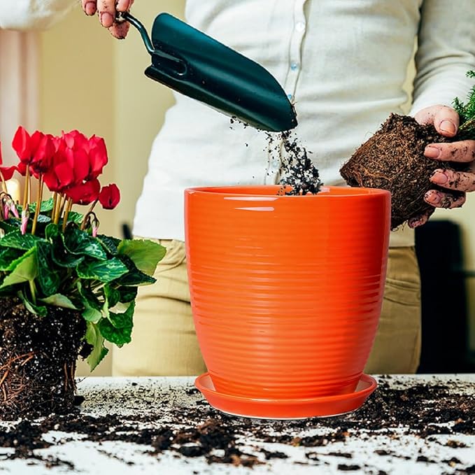 Ceramic Planter - 10 Inch Plant Pot for Indoor Outdoor, Modern Planters with Drainage Hole and Saucer, Round Large Plant Pot, Patio Room House Decor, House Warming Gifts, Orange
