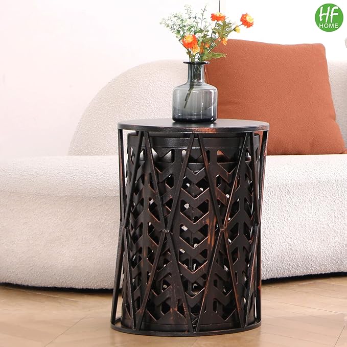 HFHOME Set of 3 Metal Side End Tables Nightstand, Multifunctional Nesting Round Coffee Table for Indoor, Heavy Duty Plant Stand Outdoor - Black with Bronze Prush (Ship from US)