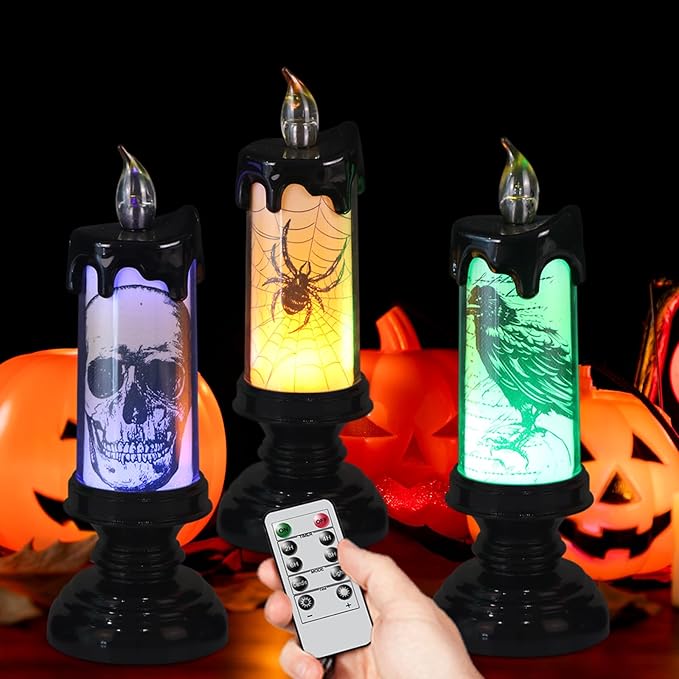 DRomance Halloween Flameless Flickering Candle Lights with Remote Timer, Battery Operated LED Candle Lamp Spooky Skull Crow Spider Decals and Lights Indoor Decor(3 Pack, 2.8" D x 7.8" H)