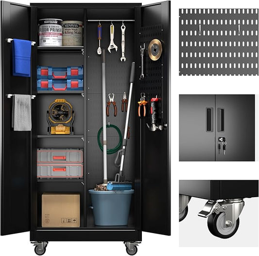 Broom Closet Storage Cabinet with Wheels and Pegboard,Metal Garage Storage Cabinet with Doors and Adjustable Shelves for Garage Home,Required Assembly,Black