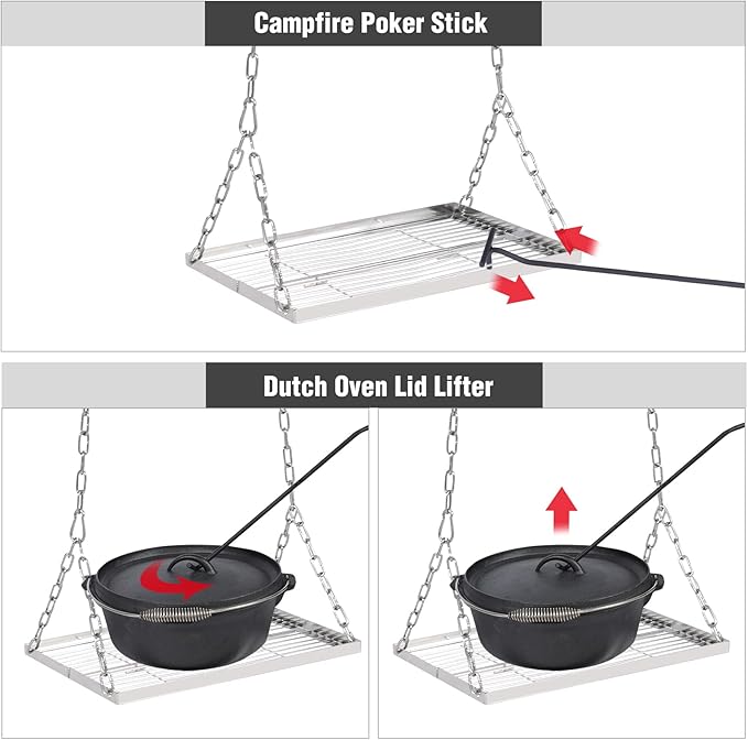 Lineslife Grill Swing Campfire Cooking Stand with Adjusatble Stainless Steel Grill Grate, Collapsible BBQ Grill with Hooks and Accessories for Outdoor Camping Cookware & Dutch Oven