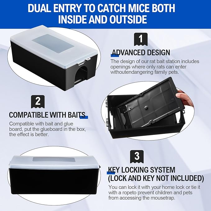 Qualirey 4pcs Mouse Glue Traps with 2pcs Protect Mouse Station, Non-Toxic, Keeps Pets & Children Safe, Glue Board Adhesive Plastic Tray for Snakes, Mice & Spiders, Pest Control for House & Garage