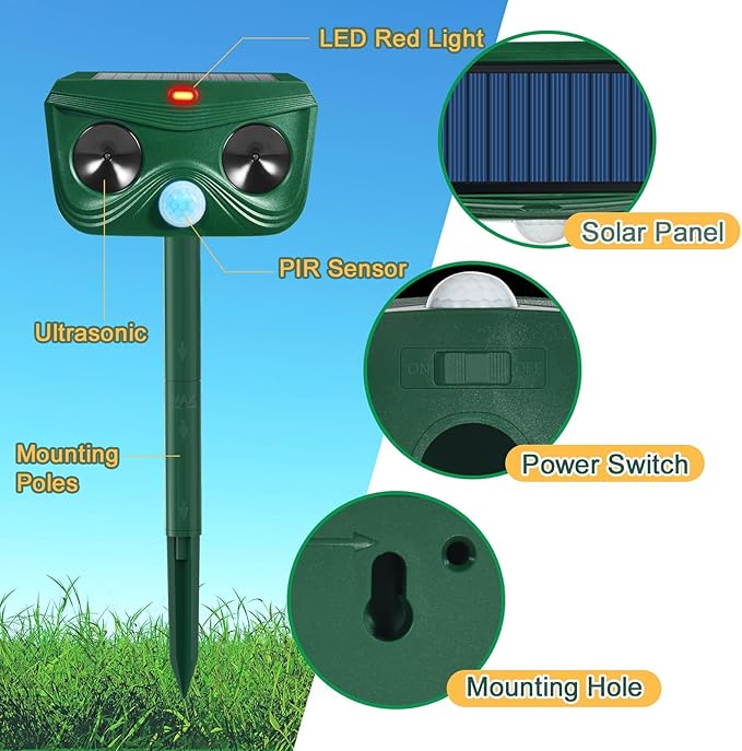 4 Pack Ultrasonic Animal Repellent Outdoor Cat Repellent Outdoor Deer Repllent Devices Animal Deer Deterrent Scare Squirrel, Raccoon, Skunk, Rabbit, Dog with Motion Detector for Yard Garden