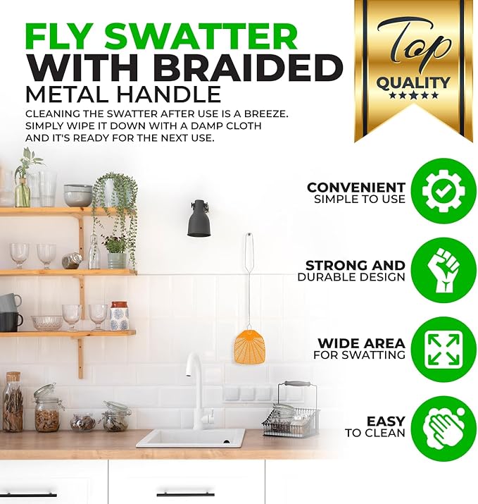 Supreme Bug & Fly Swatter 6-Pack – Braided Metal Handle 6 Pack Fly Swatters, Multi Pack Colors, – for Indoor/Outdoor – Flyswatter