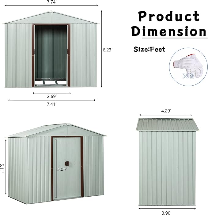4x8 FT Outdoor Storage Shed, Metal Garden Shed with Frame Floor, Outside Tool Shed with Lockable Sliding Doors, Waterproof Storage Building with Sloped Roof for Backyard, Patio, Lawn, White