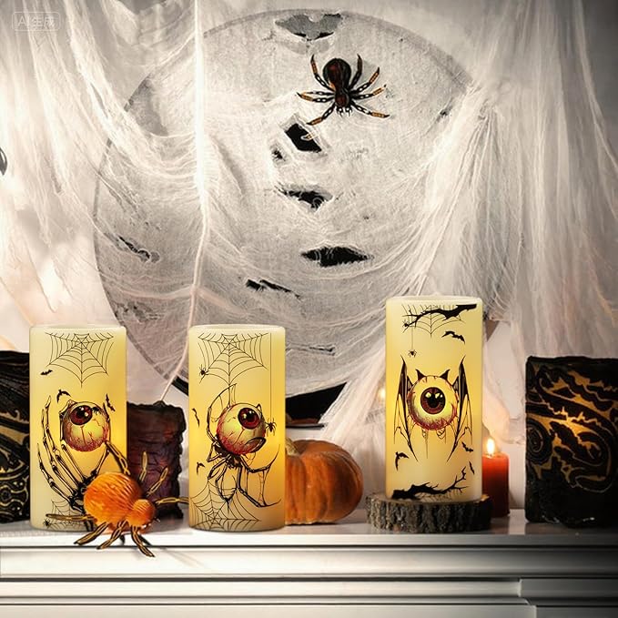 Eldnacele Halloween Flameless Flickering Candles with Timer, Battery Operated Spider Eyeballs, Bat Eyeballs, Skeleton Hand Eyeballs Decals Real Wax LED Pillar Candles Horror Spooky Decor(3pcs,D3×H6)