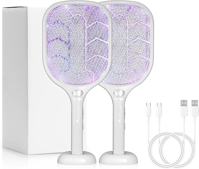 Lulant Electric Fly Swatter Racket,3000V Bug Zapper Racket,1800mA Battery Rechargeable Mosquito Killer, Type-C Rechargeable Base, Three-Layer Protective Safety Mesh for Indoor and Outdoor (2Pack)