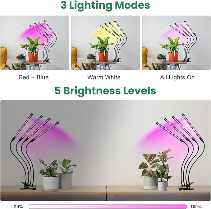 Garpsen Grow Lights for Indoor Plants, 80 LEDs Full Spectrum Plant Light with Clip, 5 Dimming Levels & 3 Colors Grow Lamp with Timer 6/12/16H, 360° Adjustable Gooseneck for Seedlings and Succulents