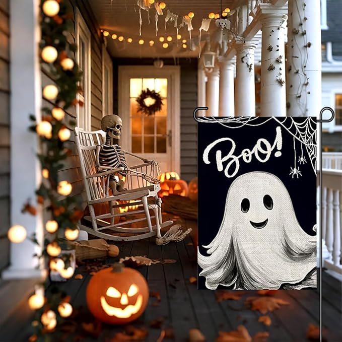 Halloween Ghost Garden Flags for Outside 12x18 Double Sided Burlap, Spooky Boo Sign Welcome Small Flag Farmhouse Holiday Yard Lawn Outdoor Decorations DF886