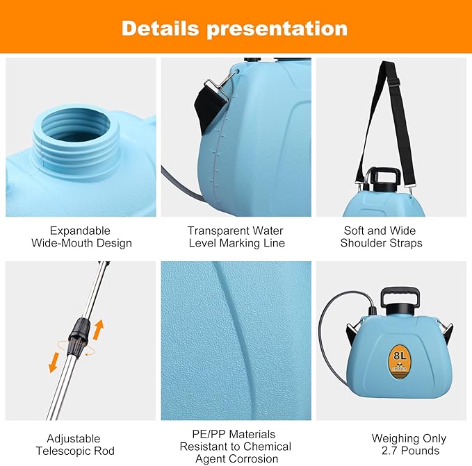 Battery Backpack Sprayer 2.1 Gallon, Rechargeable Sprayer with 3 Adjustable Nozzles, 1.5-3H Runtime, Adjustable Wand Leak-Proof & Chemical-Resistant Tank for Lawn, Garden & Farm Use (Blue)