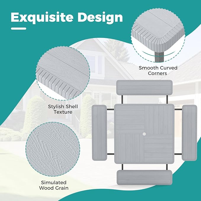 Giantex Picnic Table Bench Set for 4-8 People, 34" Outdoor Square Dining Table & 2 Benches w/Umbrella Hole, HDPE Tabletop, Metal Frame, Patio Camping Furniture for Backyard Porch Lawn (Grey,Square)