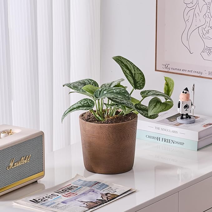 Ekirlin 7 inch Plant Pot, Resin Mahogany Texture Flower Planters with Drain Hole, Removable Rubber Stopper and Non-Slip Soft Pad - for Most Plants and Flowers