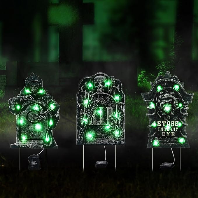 Halloween Tombstone Decoration - Lighted Gravestone Decor Yard Signs for Outdoor Yard Garden with Stakes 8 Lighting Modes - Green Light 3PCS