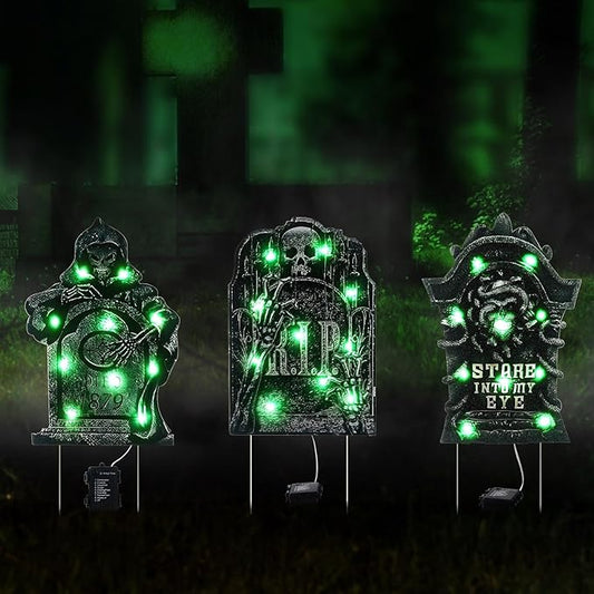 Halloween Tombstone Decoration - Lighted Gravestone Decor Yard Signs for Outdoor Yard Garden with Stakes 8 Lighting Modes - Green Light 3PCS