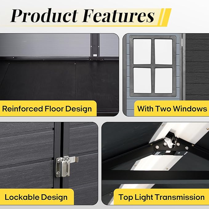 8x6 FT Resin Storage Sheds Outdoor with Floor Included, Plastic Sheds & Outdoor Storage Clearance with 2 Windows and Lockable Door, Backyard Storage Sheds for Garden Tools, Bike, Black+Grey