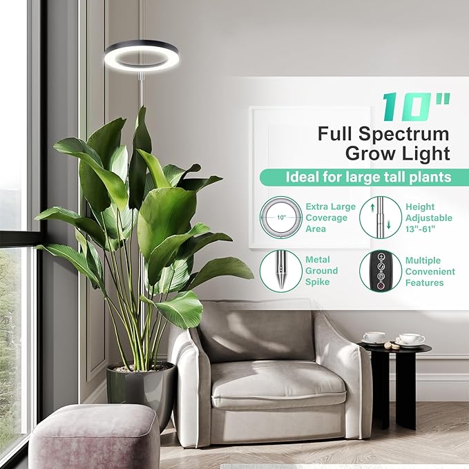 LORDEM 10" Full Spectrum Grow Light, 160 LEDs Plant Lamp for Indoor Plants, Grow Lamp with 4/8/12H Auto Timer, 10 Dimmable Levels, 3 Spectrum Modes, 65" Height Adjustable, Ideal for Large Tall Plants