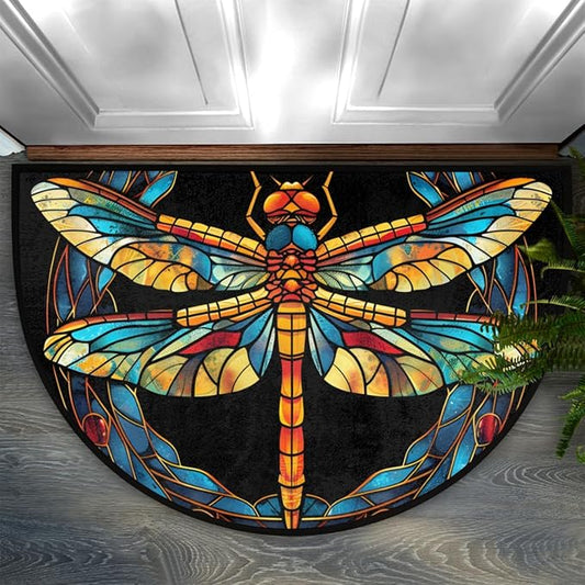 cfpolar Non-Slip Soft Half Round Door Mat, Colorful Dragonfly Semicircle Mat for Indoor Entrance Garage Bath Living Room Patio 24 x 36 in
