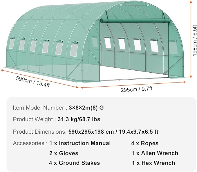VEVOR Walk-in Tunnel Greenhouse, 19.4x9.7x6.5 ft Hoop House Greenhouse Tunnel, Plant Hot House with Galvanized Steel Frame, Green PE Cover, Roll-up Zipper Door and 12 Windows for Outdoor