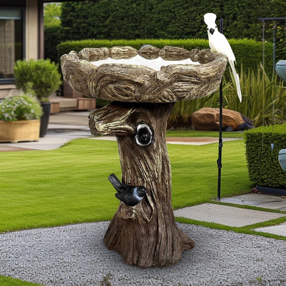 Birdbath for Outdoor Garden with a Fake Bird Decor - 23" H * 17.7" Φ Freestanding Trunk Like Bird Bath for Outside Patio or Yard Decor