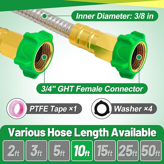 Female to Female Leader Hose for Hoses Reel, 10ft Metal Leakproof Short Garden Hose Connector, Heavy Duty 304 Stainless Steel Flexible Water Pipe for Outdoor Garden Watering Car Pet Cleaning