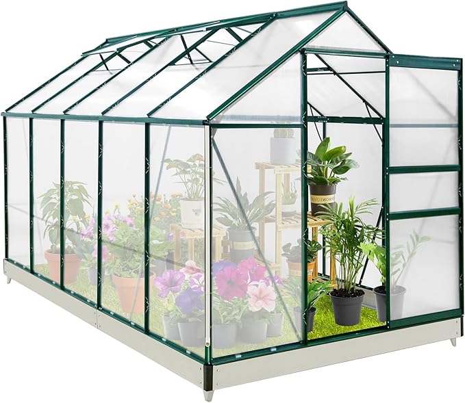 EAGLE PEAK 10x6x7 Outdoor Walk-in Hobby Greenhouse with Adjustable Roof Vent, Rain Gutter, Base and Anchor, Polycarbonate Aluminum Green House for Backyard Garden, Dark Green