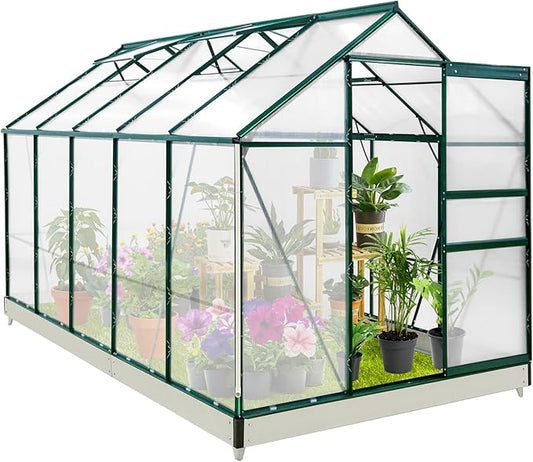 EAGLE PEAK 10x6x7 Outdoor Walk-in Hobby Greenhouse with Adjustable Roof Vent, Rain Gutter, Base and Anchor, Polycarbonate Aluminum Green House for Backyard Garden, Dark Green