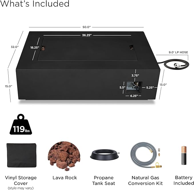 Real Flame Aegean 50in Rectangle Propane or Natural Gas Fire Pit Table, 50,000 BTU, Powder-Coated Steel, Push-Button Ignition, CSA Certified, Lava Rock, Storage Cover, Stainless Steel Burner with Lid