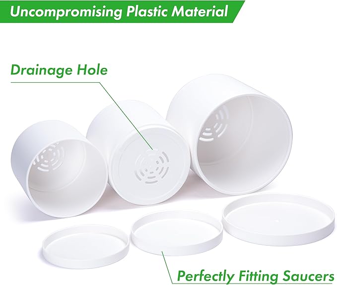 D'vine Dev 6 Inch 6.5 Inch 8 Inch, Set of 3 Plastic Planter Pots for Plants with Drainage Hole and Seamless Saucers, White Color, Medium, 74-V-A-3