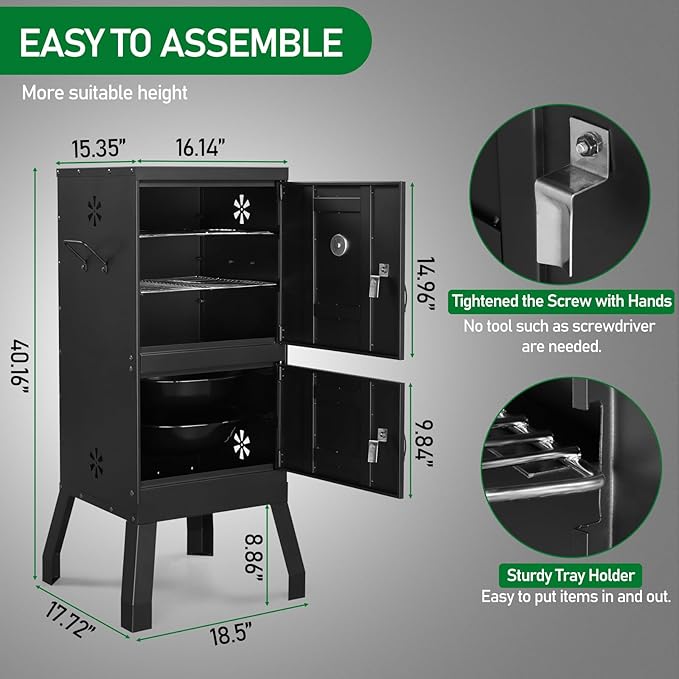 BBQ Smoker Grill with 2 Doors, Vertical Charcoal Smoker with 2 Detachable Grill Racks, Charcoal Pan & Water Pan, Outdoor Meat Smoker with Thermometer, 4 Air Vents, Idea for Parties, Backyard