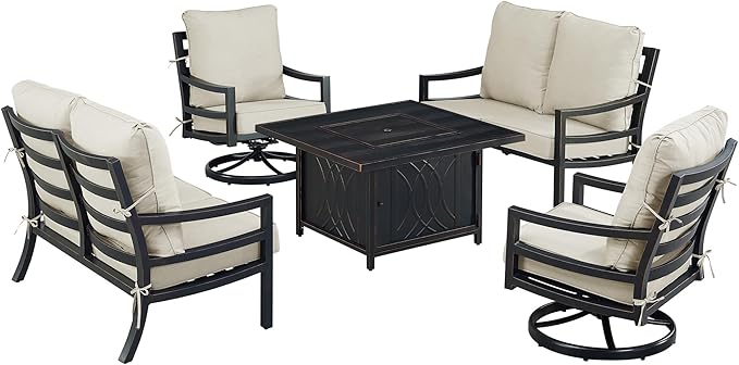 Oakland Living Black Aluminum Patio Fire Table Set with Two Deep Seating Loveseat with Cushions and Two Club Chairs with Light Grey Cushions