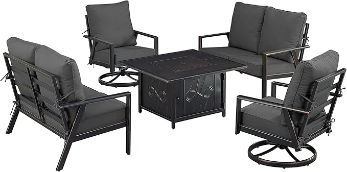 Oakland Living Black Aluminum Patio Fire Table Set with Two Deep Seating Loveseat with Cushions and Two Club Chairs with Black Cushions