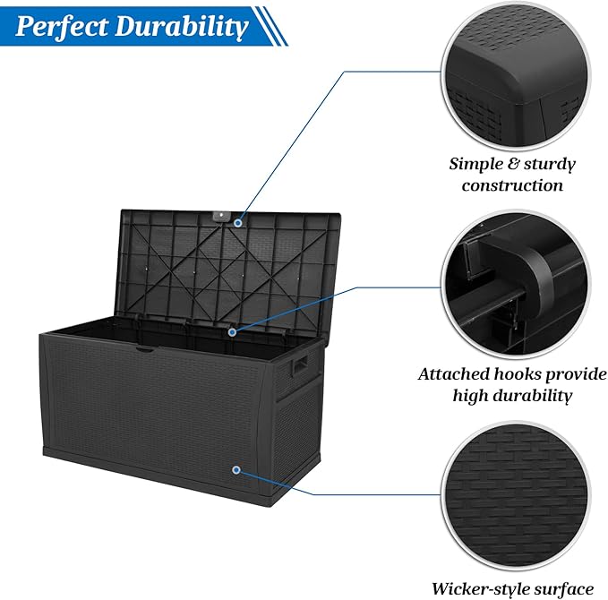 VINGLI Upgraded 120 Gallon Outdoor Storage Box, Lockable Plastic Storage Containers with Lid, Rattan Grain Surface Deck Box Patio Furniture for Garden, Pool, Balcony, Yard (Black)