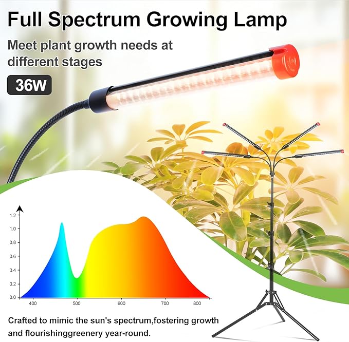 4Head Grow Lights for Indoor Plants, Seed Starting, Vegetables, Bonsai with Tripod Stand and Auto On/Off Timer 4/8/12H, 36W Power Full Spectrum Standing LED Plant Growing Lamps, 360° Gooseneck