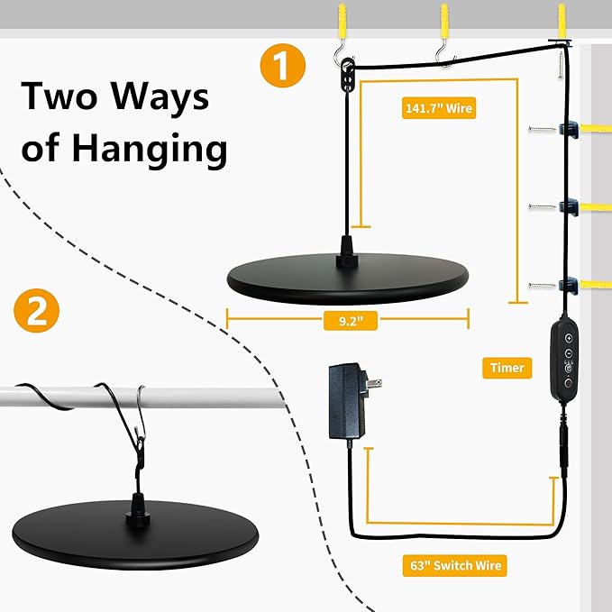 chiphy Hanging Grow Lights for Indoor Plants, 40W Full Spectrum with 3/9/12 Hours Timer, Pendant Plant Lights for Indoor Growing, Large Tall Plant, Garden, Flowers, Greenhouse,16.7FT Power Cord