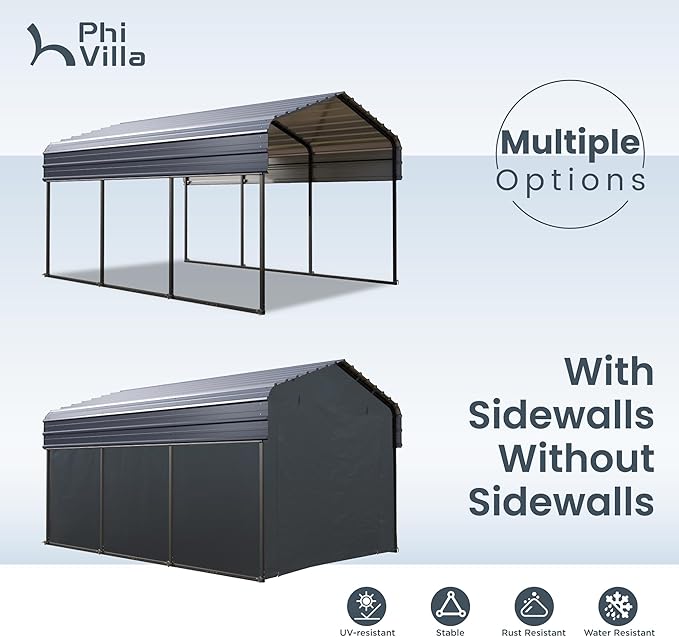 PHI VILLA 10 x 15 Heavy Duty Metal Carport with Galvanized Steel Roof with Sidewalls Enclosure Kit, Sturdy Metal Carport for Cars, Boats, and Tractors