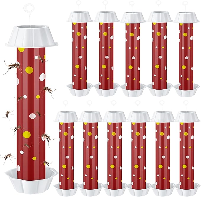 12 Pcs Sticky Fly Trap Fly Stick Indoor Outdoor Long Lasting Adhesive Fly Catcher with Hanging Hook for Wasps Gnats Bugs Insects Moths Fruit Flies Mosquitoes Spiders Fleas (Red, White)