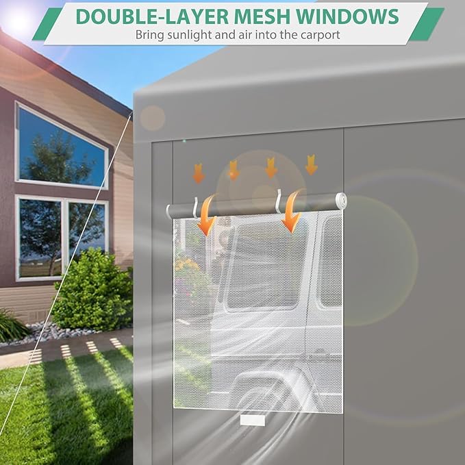 COBIZI Carport 10x20ft Heavy Duty Portable Garage, 2.0 Powder Coated Frame(Better Than Galvanized), Waterproof Shelter with Removable Sidewalls & Windows, Built-in Sandbags, for Car/Boat/SUV, Gray