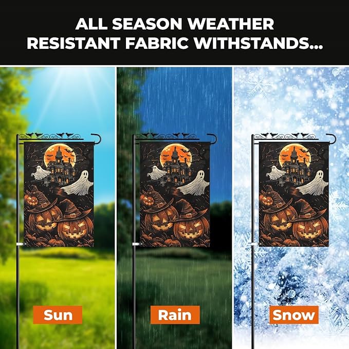 Halloween Garden Flag 12x18 Double Sided – Haunted House with Ghosts & Pumpkin, Halloween Yard Flag for Outside, Durable Fall Outdoor Flag, Weatherproof