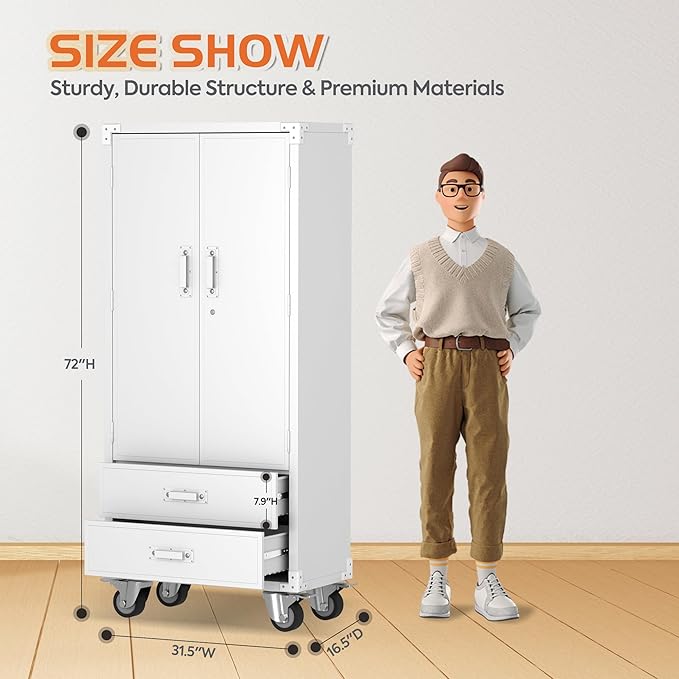 Metal Garage Storage Cabinet with 2 Drawers, Rolling Storage Cabinet with 2 Lockable Doors for Garage Home Office,Required Assembly,White