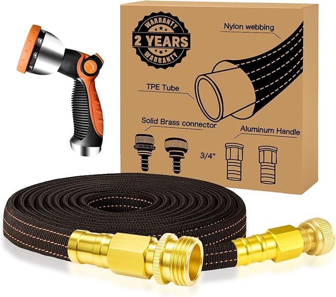 30FT Lightweight Garden Hose,Flexible Water Hose with Solid Brass Head,Kink-Free,Collapsible Hose,High Pressure Flat Water Hose for RV,Boat,Car Wash,Garden,Yard,Camper (OrangeBlack, 30FT+Nozzle)